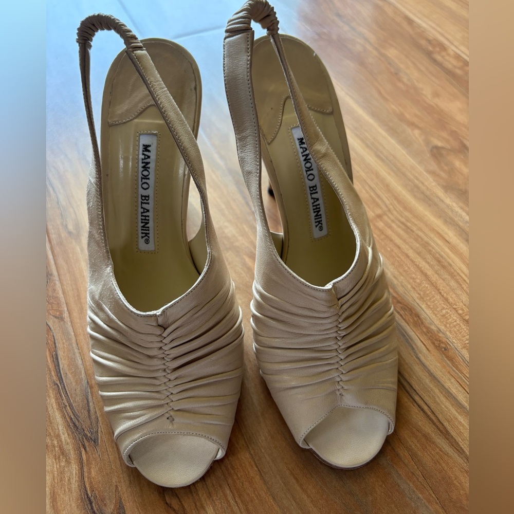 Manolo Blahnik Beige Ruched Slingback Heels